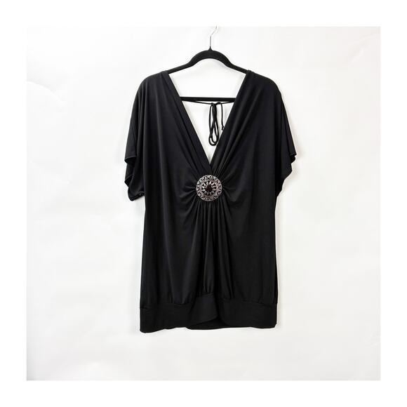 Maurices Y2K Draped Medallion Front Top Size 2 Women Black Stretch - Picture 2 of 10